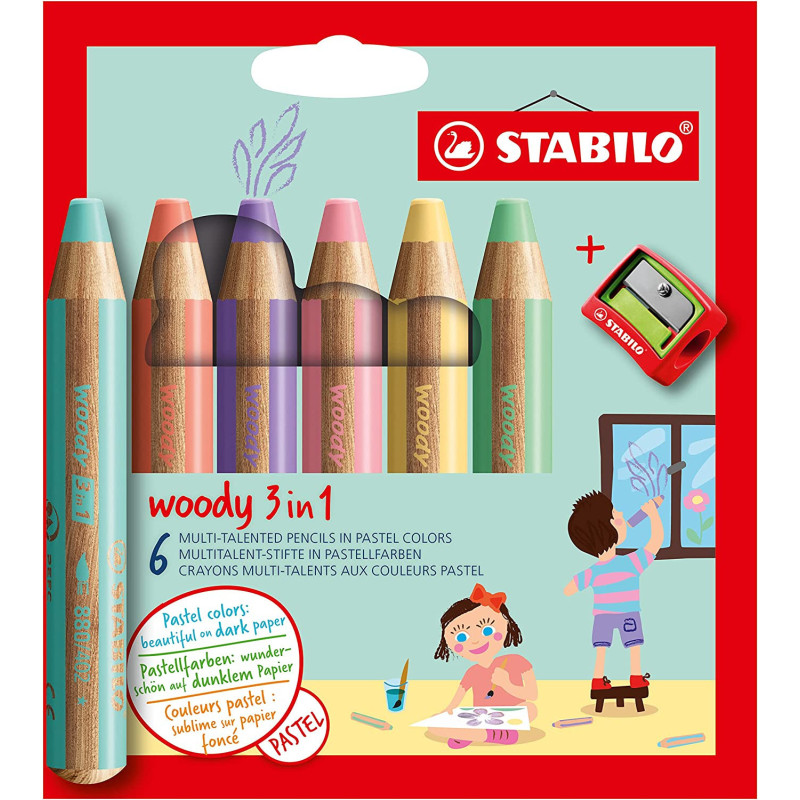 LAPICEROS COLOR STABILO WOODY 3 EN 1 PASTEL 6UDS SURTIDOS + SACAPUNTAS