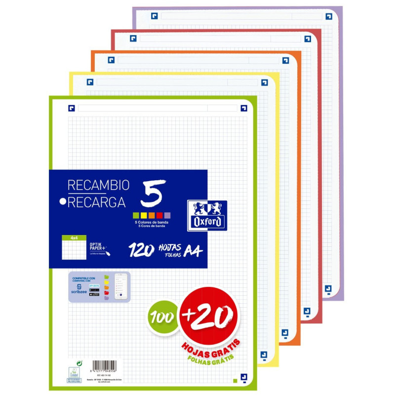 RECAMBIO 100+20H A4 4X4 5 COLORES VIVOS OXFORD