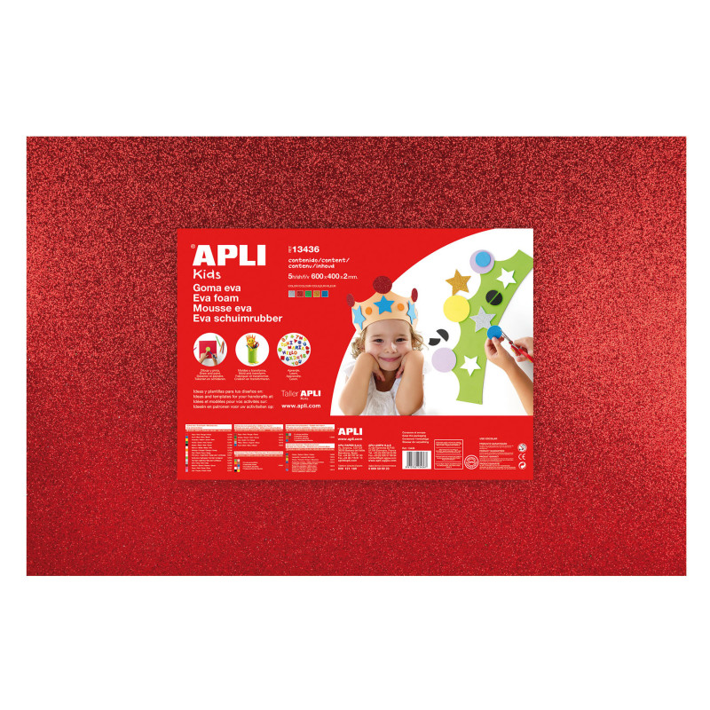GOMA EVA BOLSA 5 H. 600X400X2MM. PURPURINA: PLATA+ORO+ROJO+VERDE+AZUL  APLI. 13436