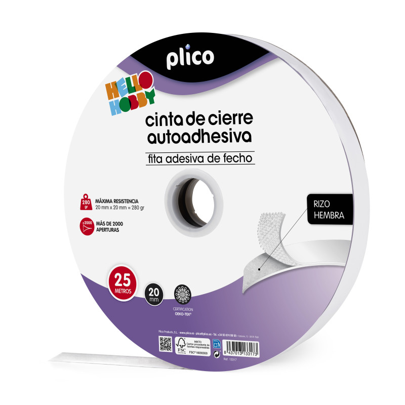 CINTA CIERRE AUTOAHDESIVA 25M X 20MM BLANCO HEMBRA PLICO
