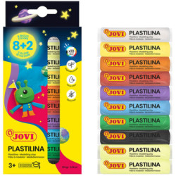 PLASTILINA caja 10 BARRAS 15 G 8 COLORES BÁSICOS + 2 FOSFORESCENTE JOVI