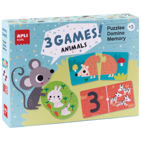 JUEGOS ANIMALES SET DE 3: 1 PUZLE DE 24 PIEZAS, 1 DIMINÓ DE 36 PIEZAS y 1 MEMORY DE 24 PIEZAS APLI