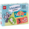 JUEGOS ANIMALES SET DE 3: 1 PUZLE DE 24 PIEZAS, 1 DIMINÓ DE 36 PIEZAS y 1 MEMORY DE 24 PIEZAS APLI