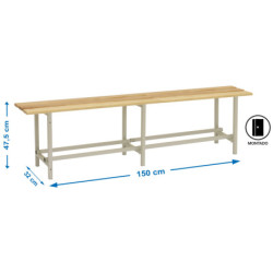 BANCO DE VESTUARIO ESTRUCTURA METALICA PINTADA Y ASIENTO DE LISTONES DE MADERA LARGO 150