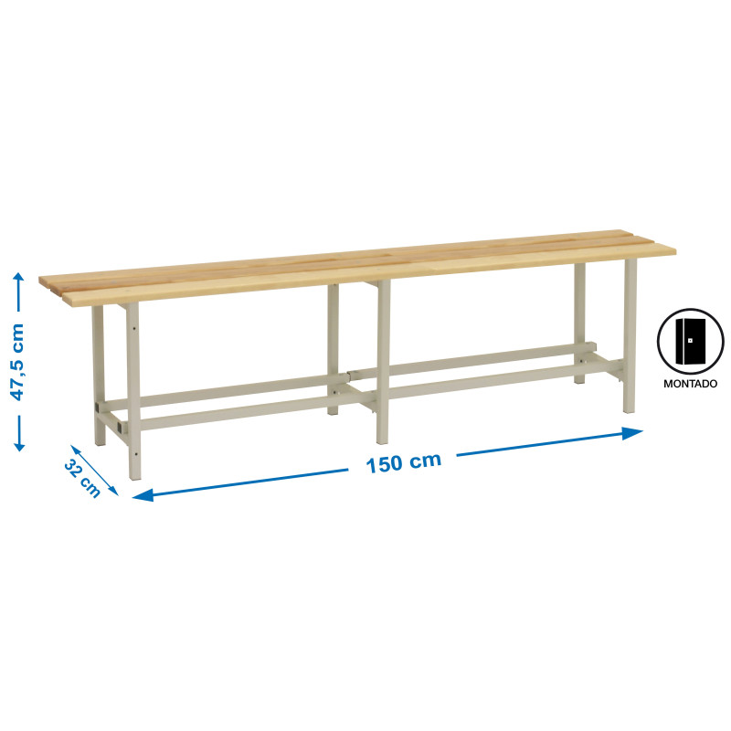 BANCO DE VESTUARIO ESTRUCTURA METALICA PINTADA Y ASIENTO DE LISTONES DE MADERA LARGO 150
