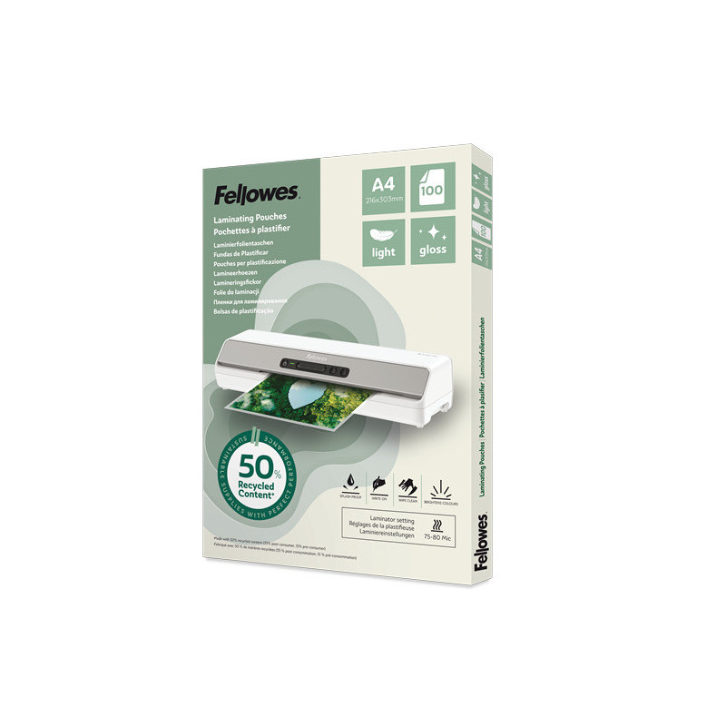 PK 100 FUNDAS DE PLASTIFICAR RECICLADAS BRILLO A4 FELLOWES