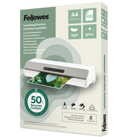 PK 100 FUNDAS DE PLASTIFICAR RECICLADAS BRILLO A4 FELLOWES