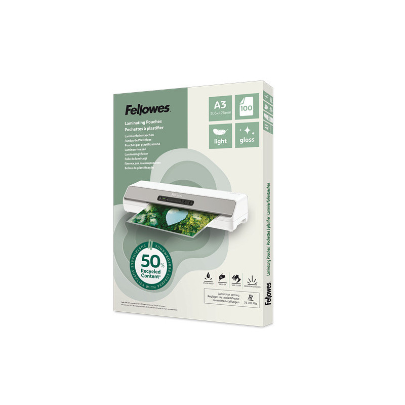 PK 100 FUNDAS DE PLASTIFICAR RECICLADAS BRILLO A3 FELLOWES