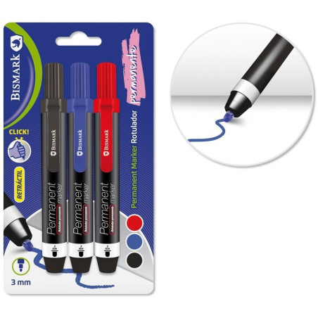 MARCD. PERMANENTE RETRACT TIP BLISTER 3u. NEGRO, AZUL, ROJO POESSA
