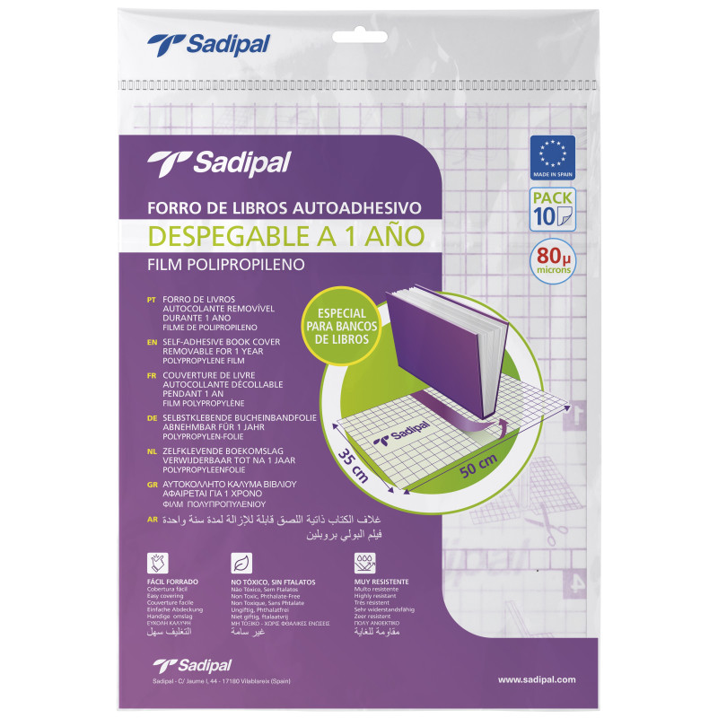FORRO ADHESIVO EN HOJAS DESPEGABLE® 1 AÑO 80 MICRAS – 50 X 35 CM – BLISTER DE 10 HOJAS (ESPECIAL PARA BANCOS DE LIBROS)