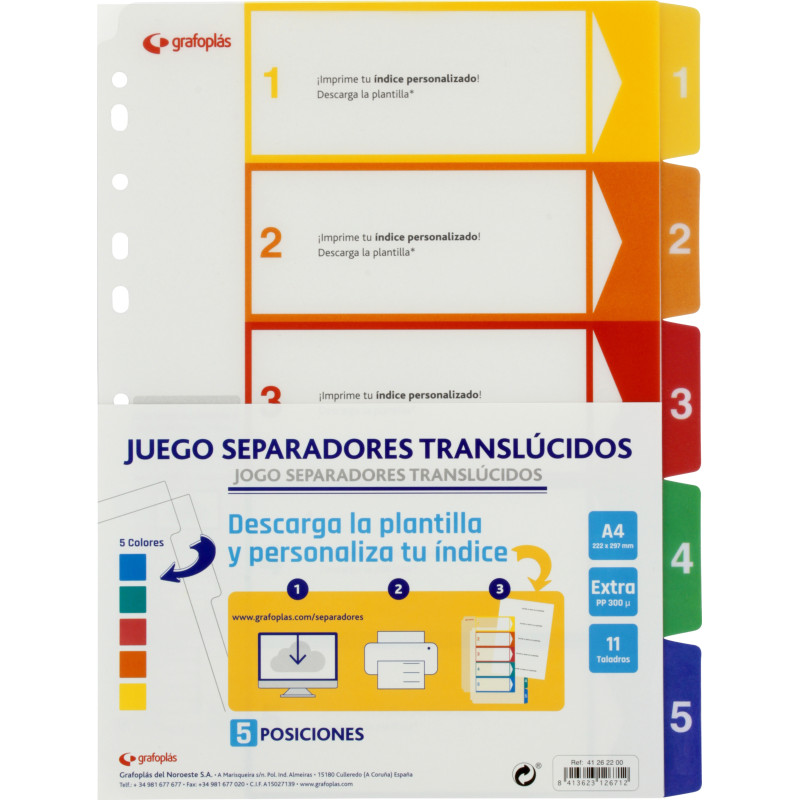 JUEGO SEPARADOR PP 0,3  A4 5 POSICIONES / 5 COLORES 11T GRAFOPLAS