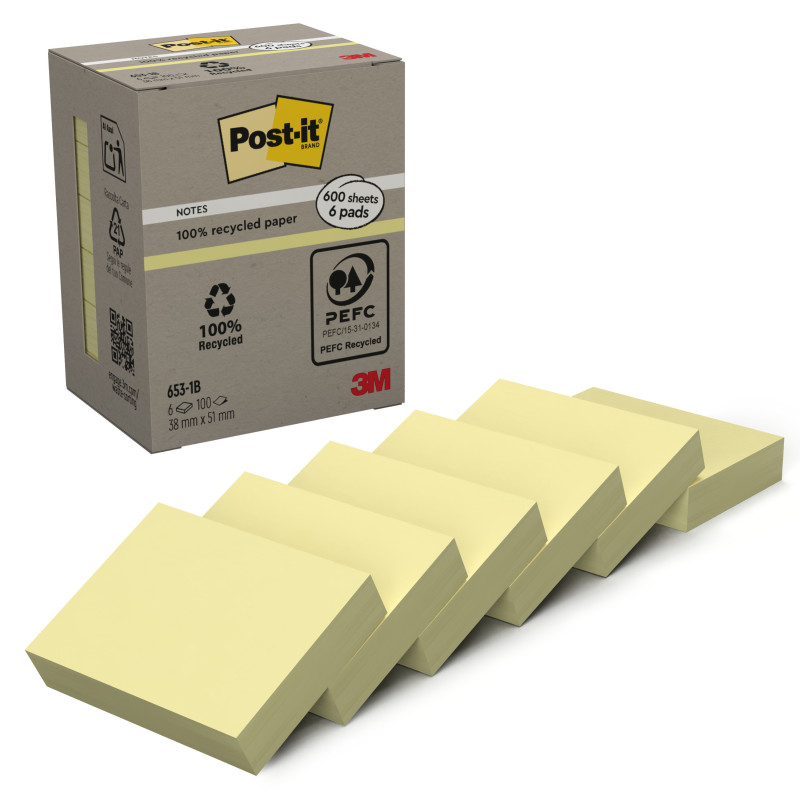 PACK 6 BLOCS 100 HOJAS NOTAS RECICLADAS ADHESIVAS 38X51MM CANARY YELLOW CAJA CARTÓN 653-1B POST-IT 7100172254
