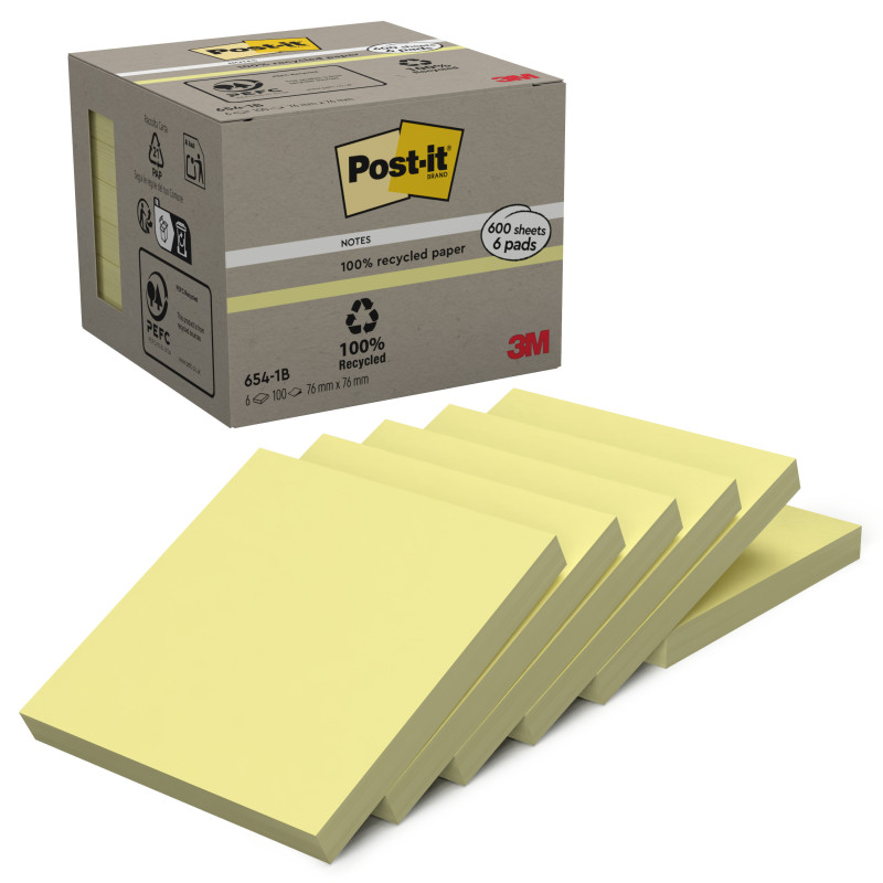 PACK 6 BLOCS 100 HOJAS NOTAS RECICLADAS ADHESIVAS 76X76MM AMARILLO CAJA CARTÓN 654-1B POST-IT 7100172252
