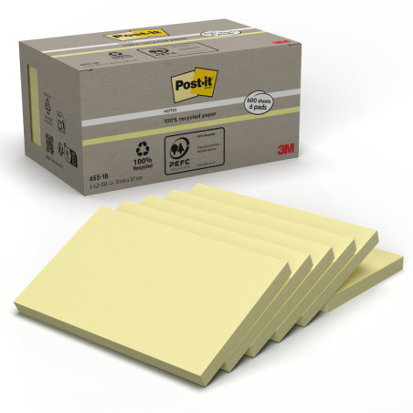 PACK 6 BLOCS 100 HOJAS NOTAS RECICLADAS ADHESIVAS 76X127MM CANARY YELLOW CAJA CARTÓN 655-1B POST-IT 7100172257