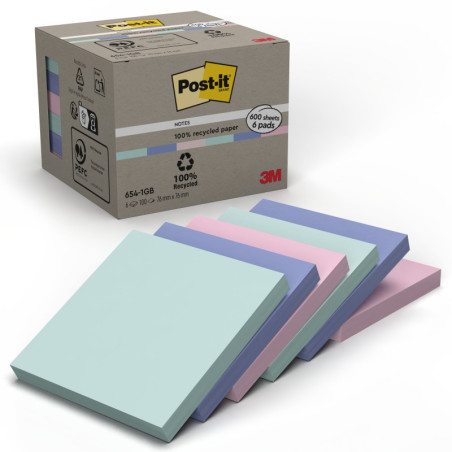 PACK 6 BLOCS 100 HOJAS NOTAS RECICLADAS ADHESIVAS 76X76MM COLORES SURTIDO PASTEL CAJA CARTÓN 654-1GB-N POST-IT 7100259123