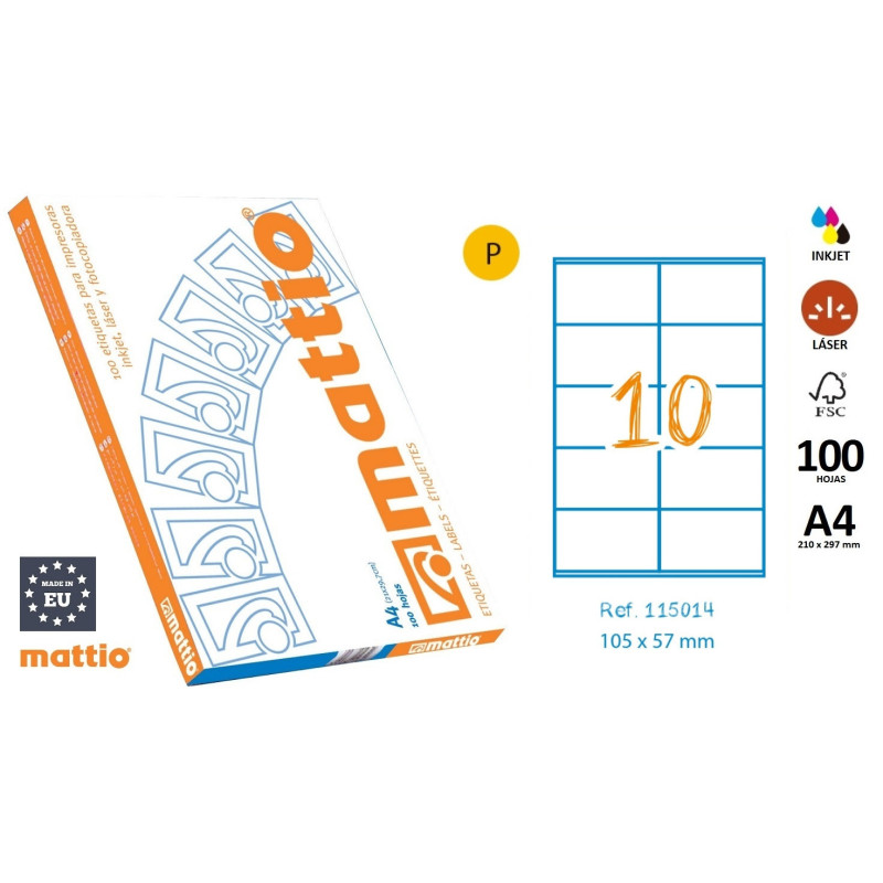 ETIQ. INK/LAS/FOT A4 105X57 CJ.100H. CAN. RECTOS 1000U MATTIO