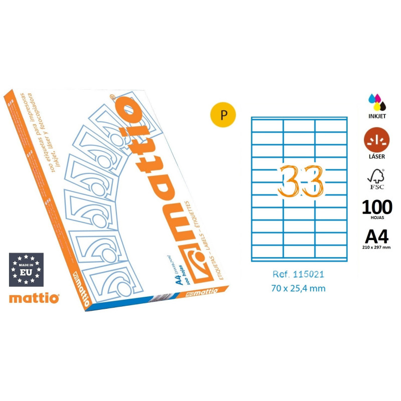 ETIQ. INK/LAS/FOT A4 70X25,4 CJ.100H. CAN. RECTOS 3300U MATTIO