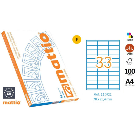 ETIQ. INK/LAS/FOT A4 70X25,4 CJ.100H. CAN. RECTOS 3300U MATTIO