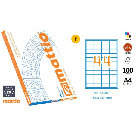 ETIQ. INK/LAS/FOT A4 48,5X25,4 CJ.100H. CAN. RECTOS 4400U MATTIO