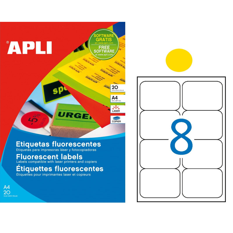 ETIQUETAS FLUOR AMARILLO A4 99,1X67,7 CANTOS ROMOS 20H. 160U APLI