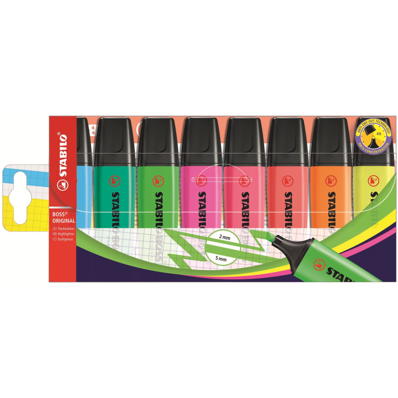 MARCD.ES FLUORESCENTES STABILO BOSS caja 8UDS (AM,NJ,VD,RS,AZ,RJ,FUC,TURQ)