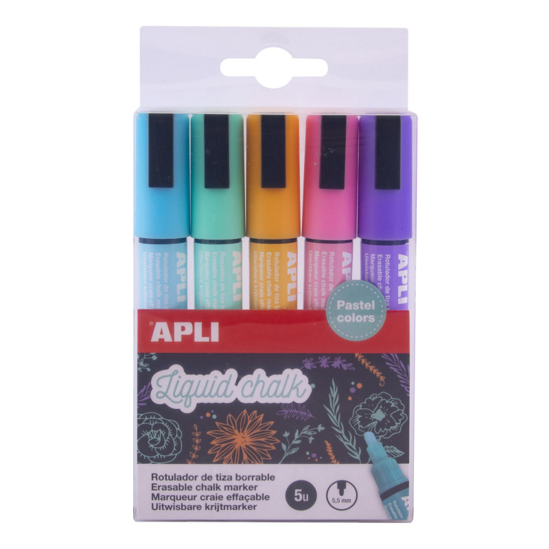 MARCD.ES TIZA LIQUIDA PTA.REDONDA 5,5MM 5 COLORES PASTEL SURTIDOS LIQUID CHALK APLI 14735