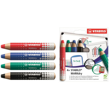 MARCD. STABILO MARKDRY caja 4 UDS +PAÑO DE LIMPIEZA + SACAPUNTAS STABILO